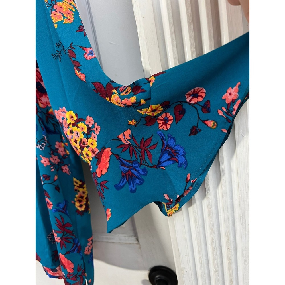 The Pioneer Woman Floral Blouse XXL Cottagecore Ruffle Neck Teal Blue - Picture 3 of 6